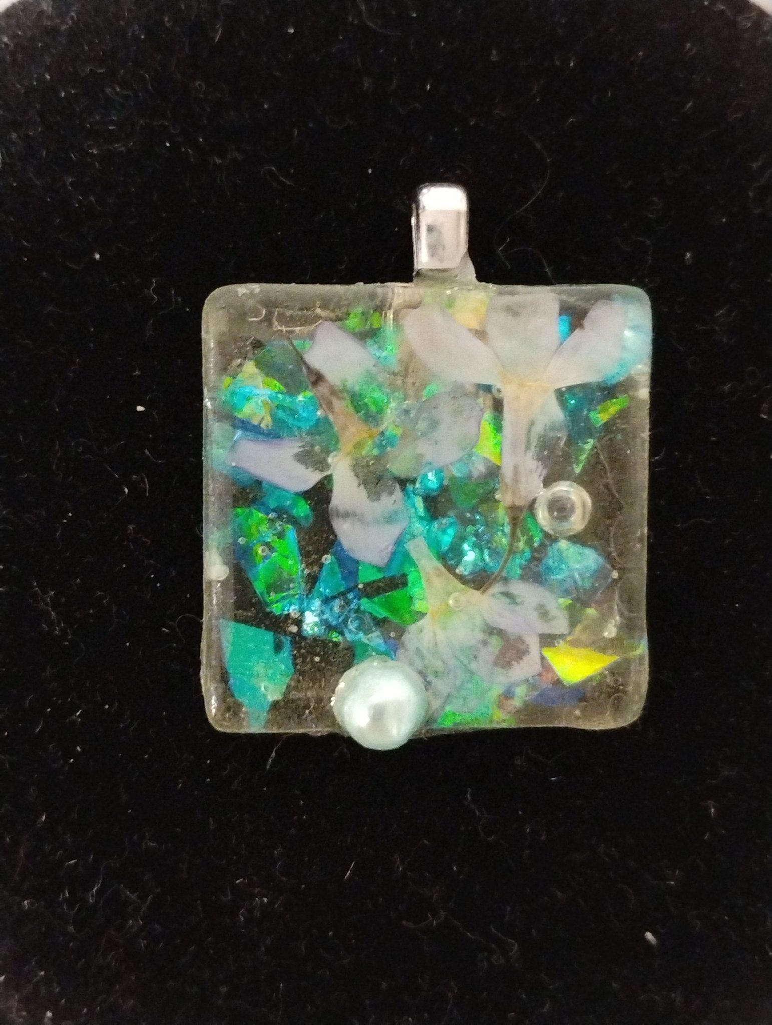 Small Square Flower/Fern Pendant w Gemstone/Pearl