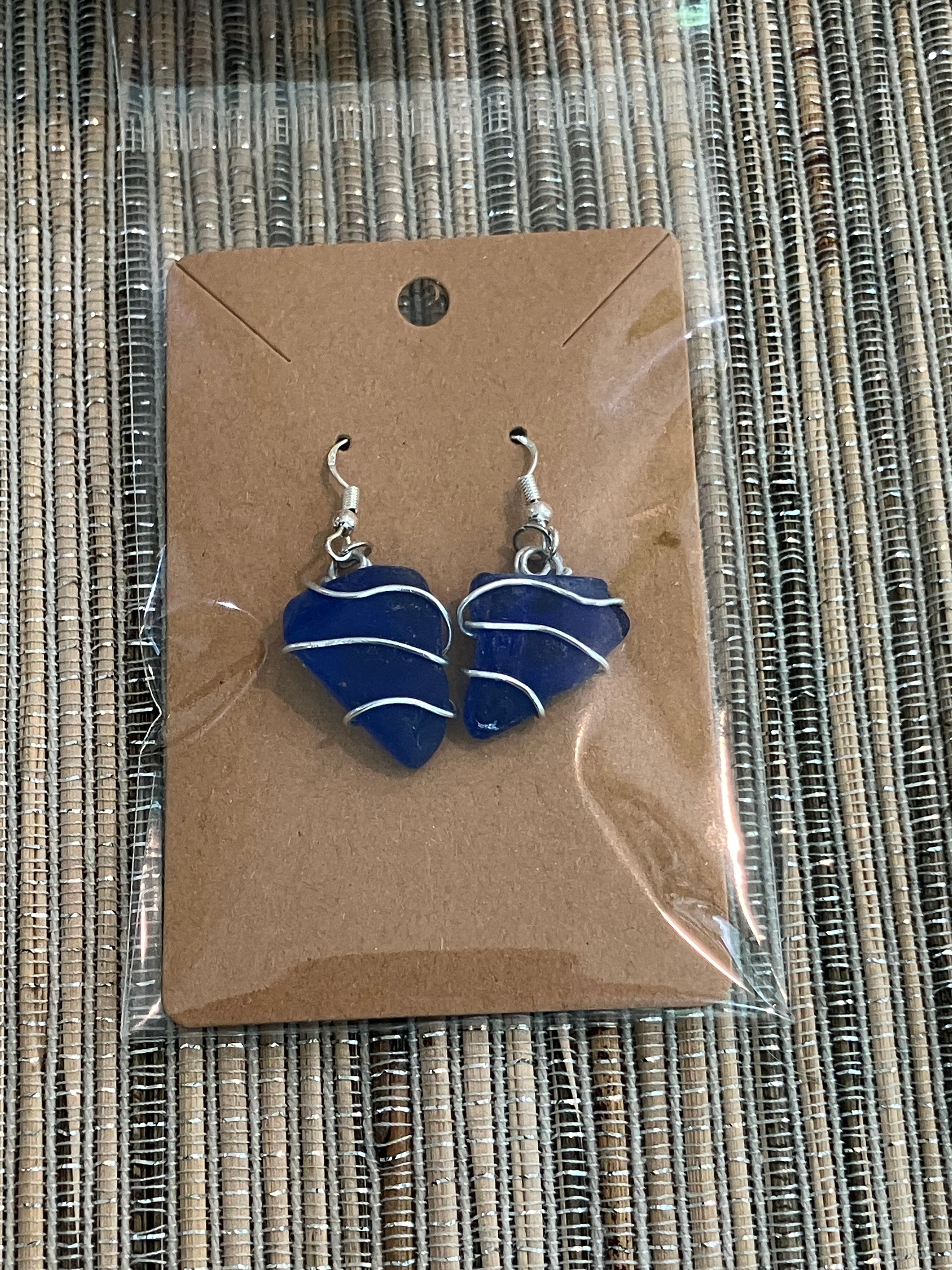 Blue sea glass w/wire waves earrings