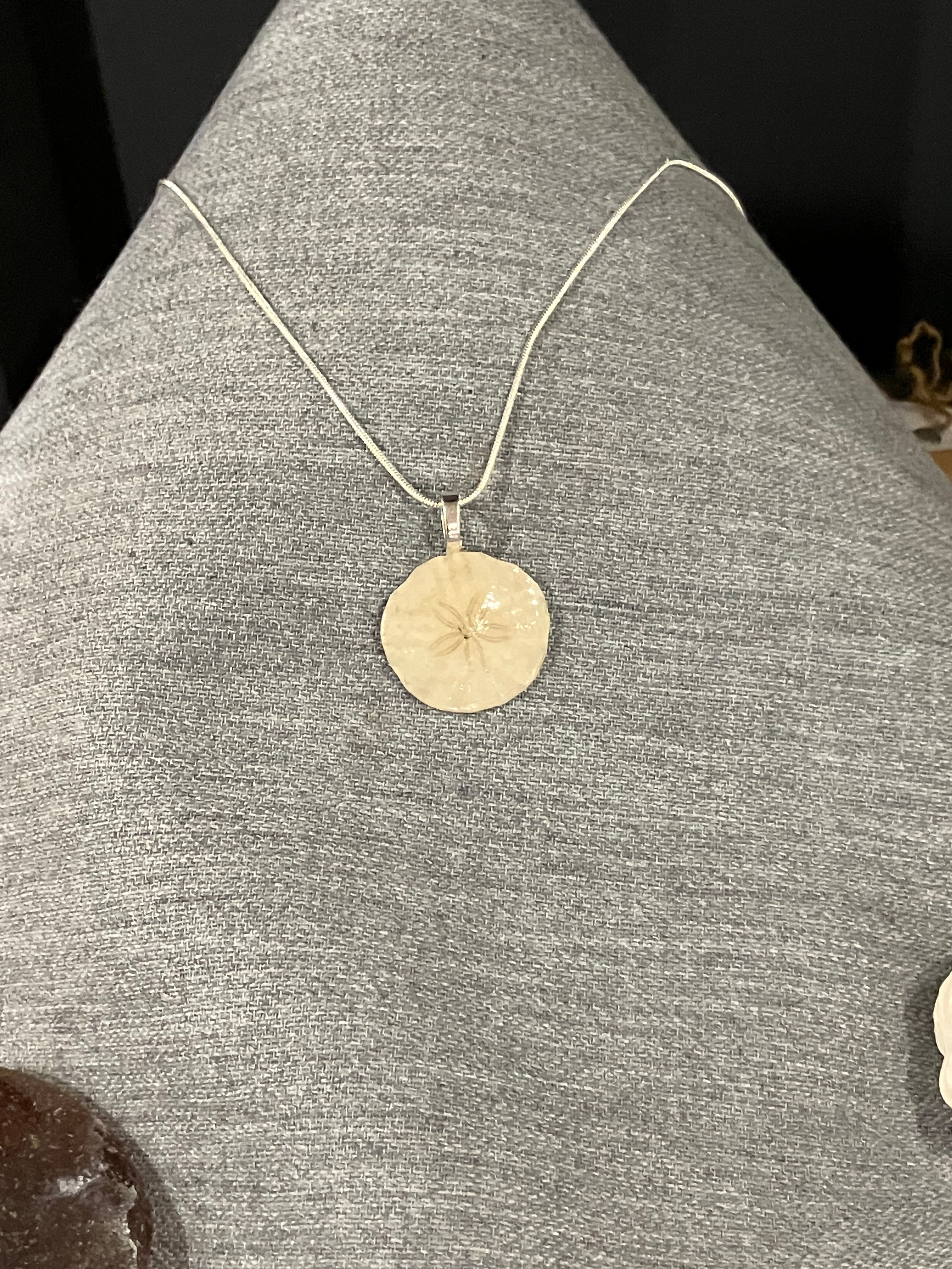 Sand dollar necklace silver cord- small white