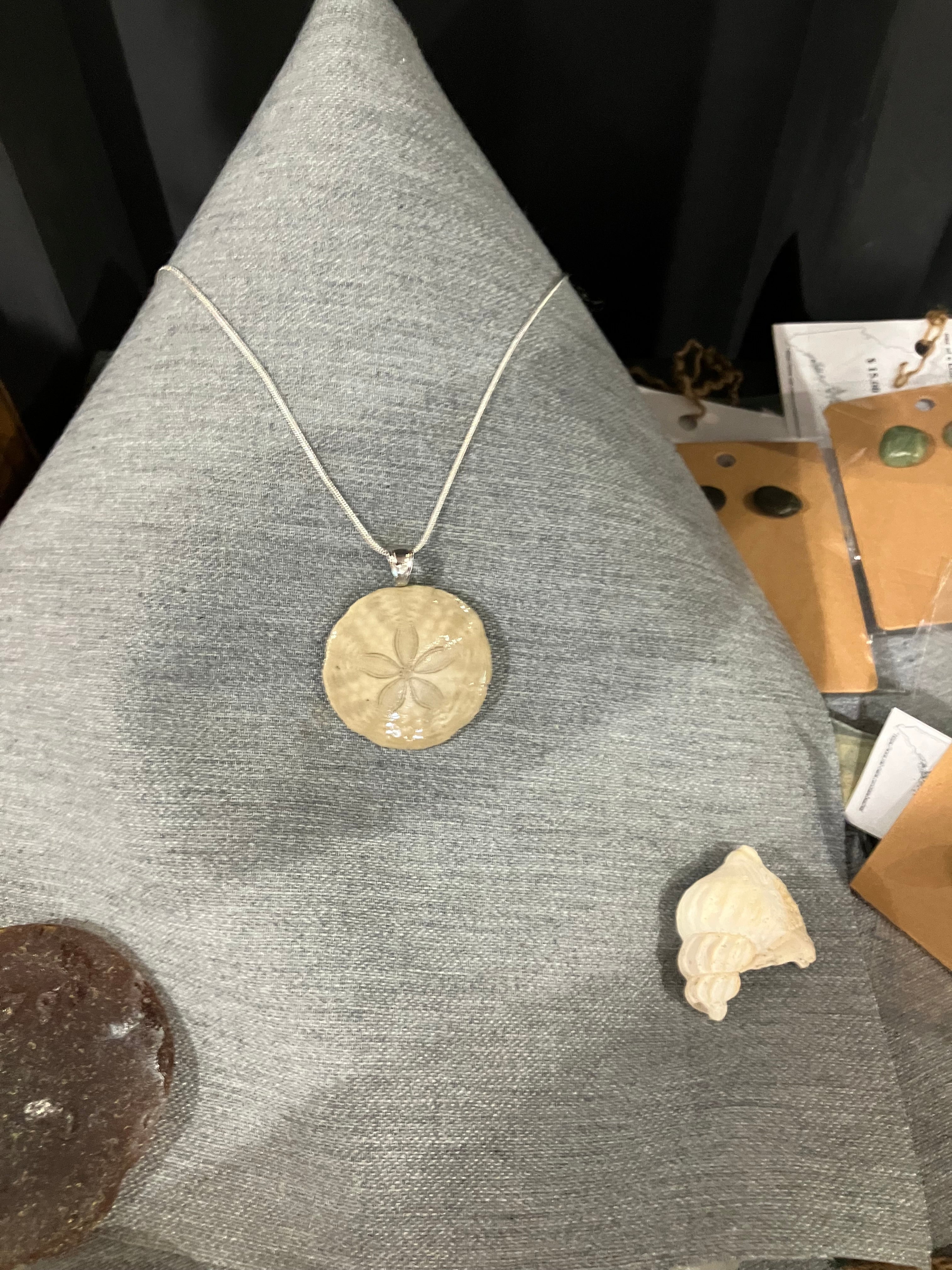 Sand dollar necklace on silver cord-creamy
