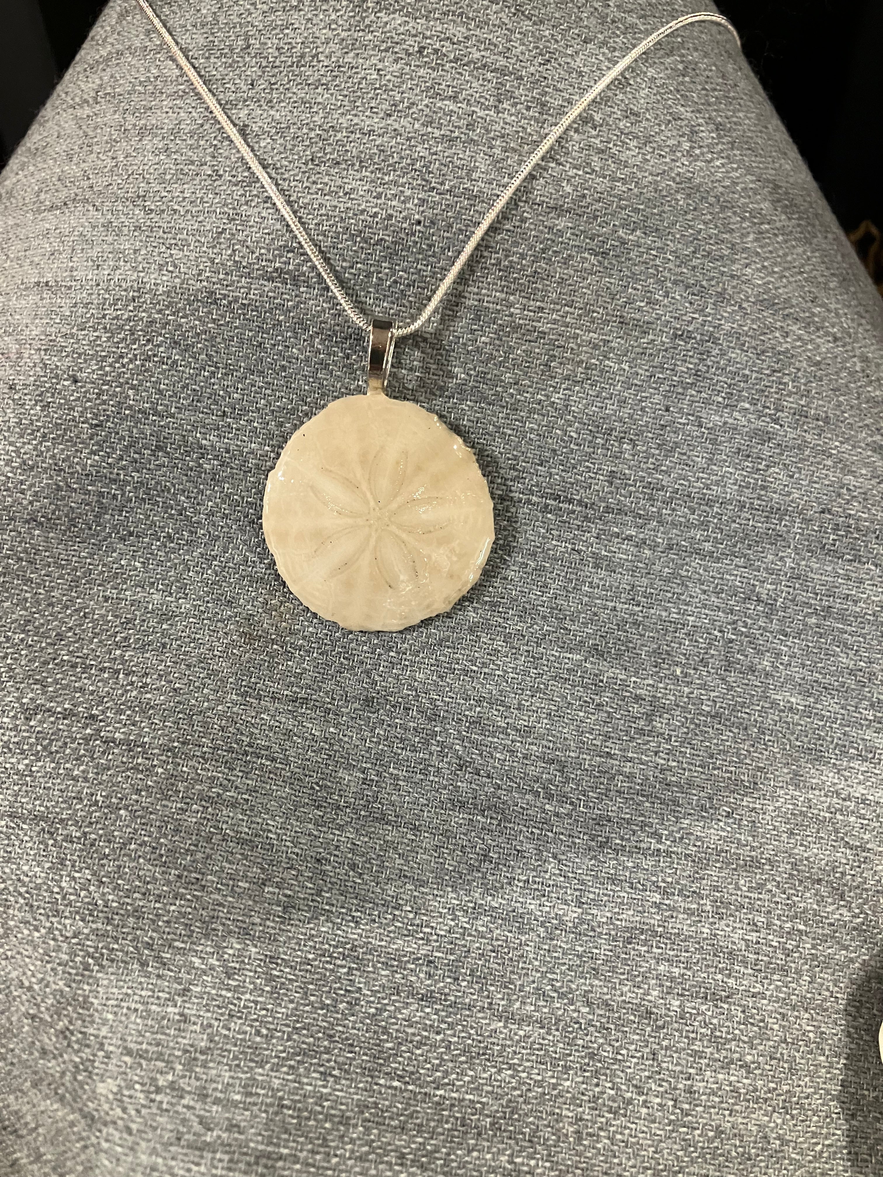 Sand dollar necklace on silver cord- off white
