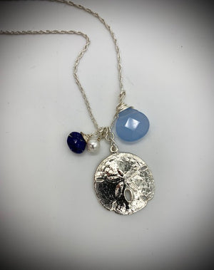 Large Sand Dollar Pendant with Lapis and Blue Quartz - Jewelry Edgecomb Potters