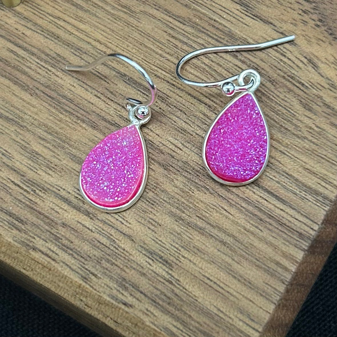 Teardrop Sparkly Pink Druzy Earrings