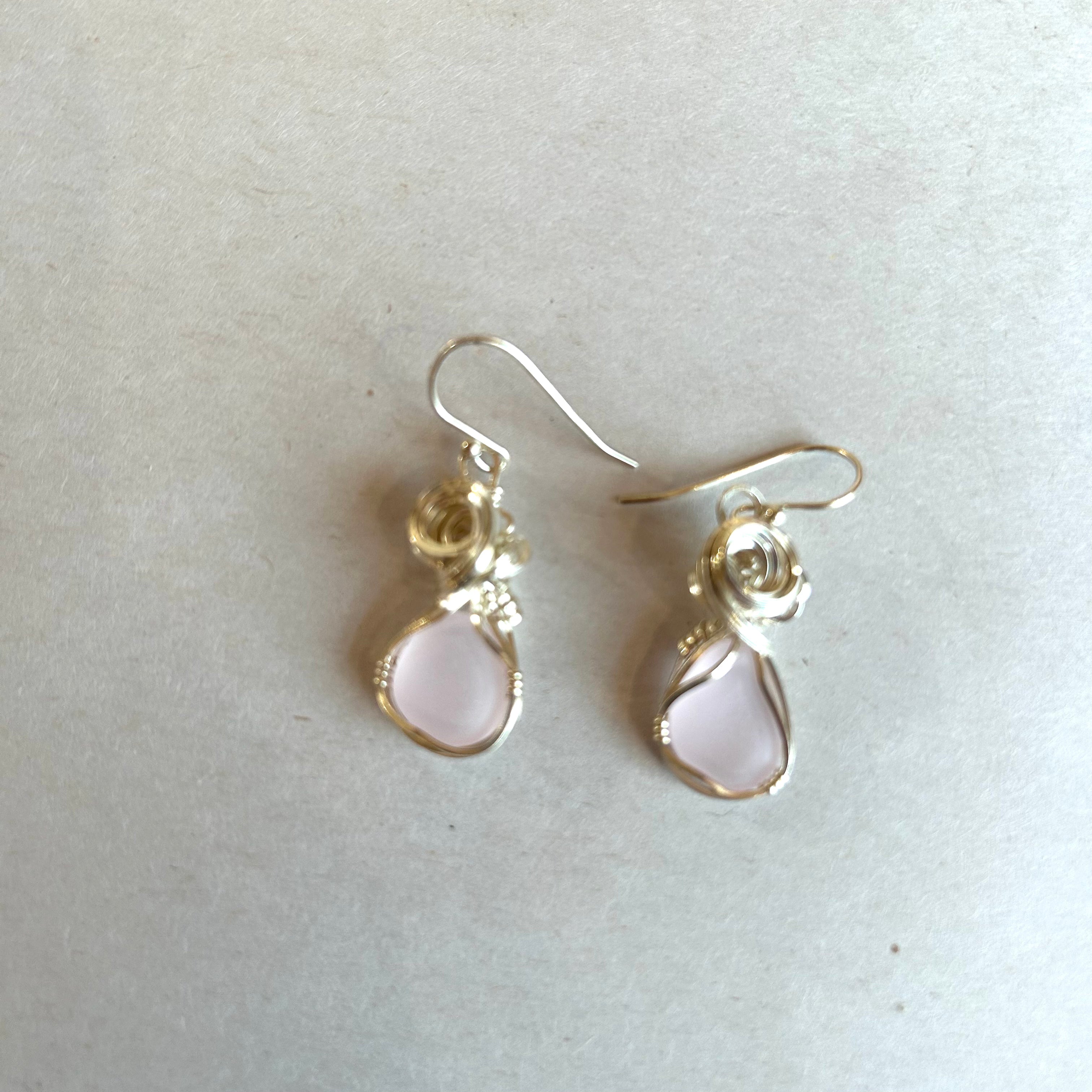 Wire Wrapped Pink Sea Glass Earrings