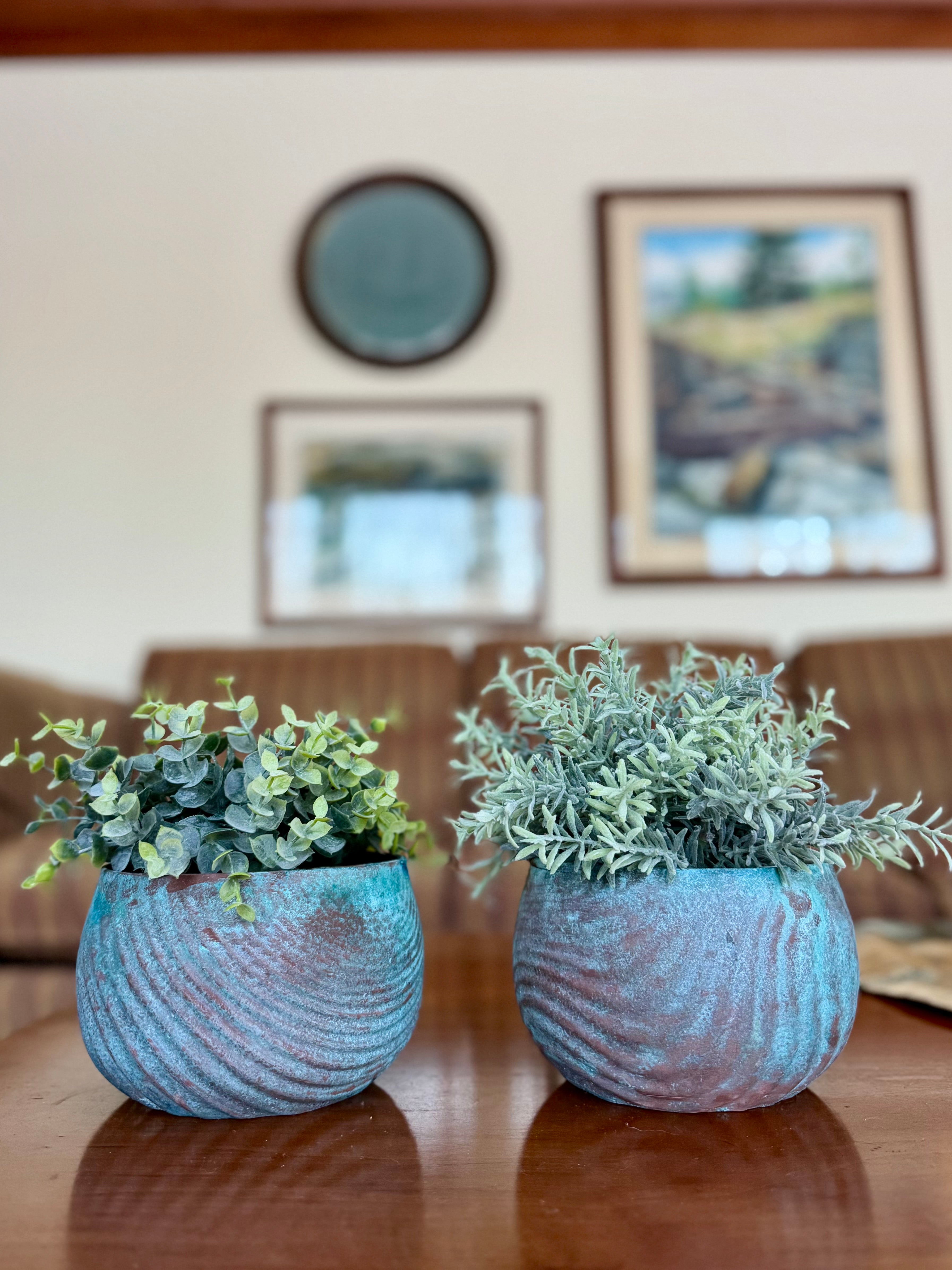 Copper Patina Self-Watering Planter (Coastal Texture Series) — Made in Maine, USA