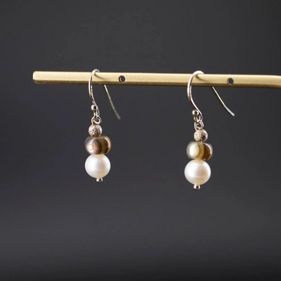 White Pearl and Abalone Bead Earrings by Joe Foster