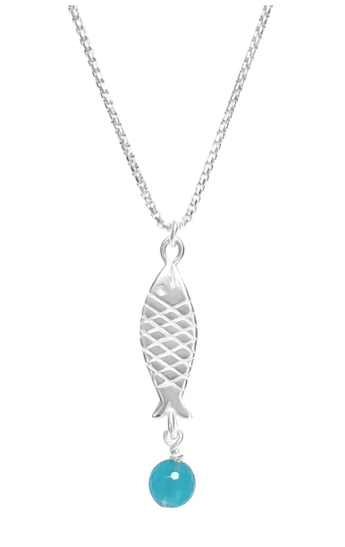 Daily Catch Single Salmon Fish w/Stone Pendant Chalcedony Necklace