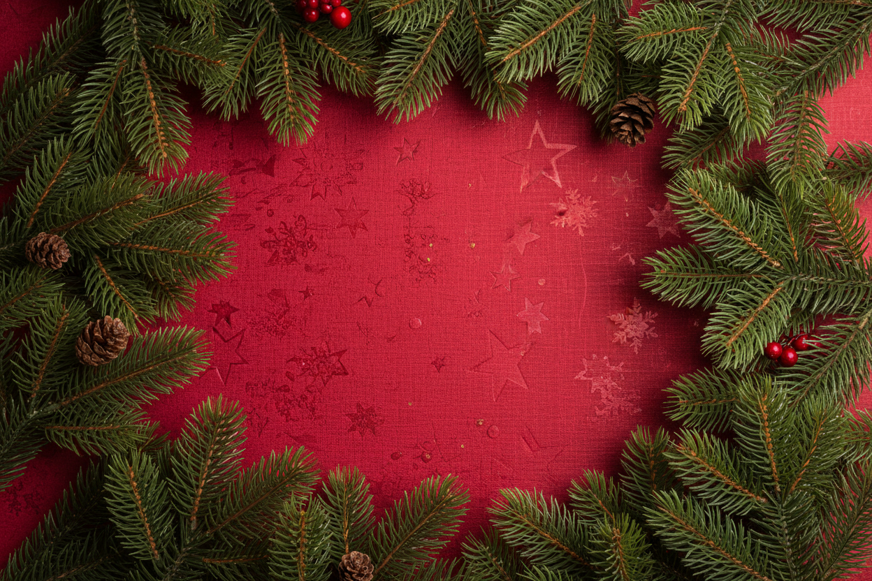 red paper wrapping background with pine tree branches aroudn edges
