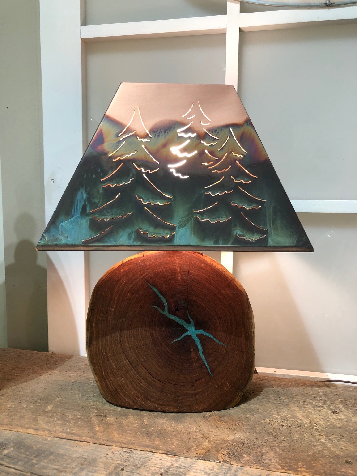 Washed Green Tree Copper Shade/Mesquite Base Lamp - Lighting Edgecomb Potters