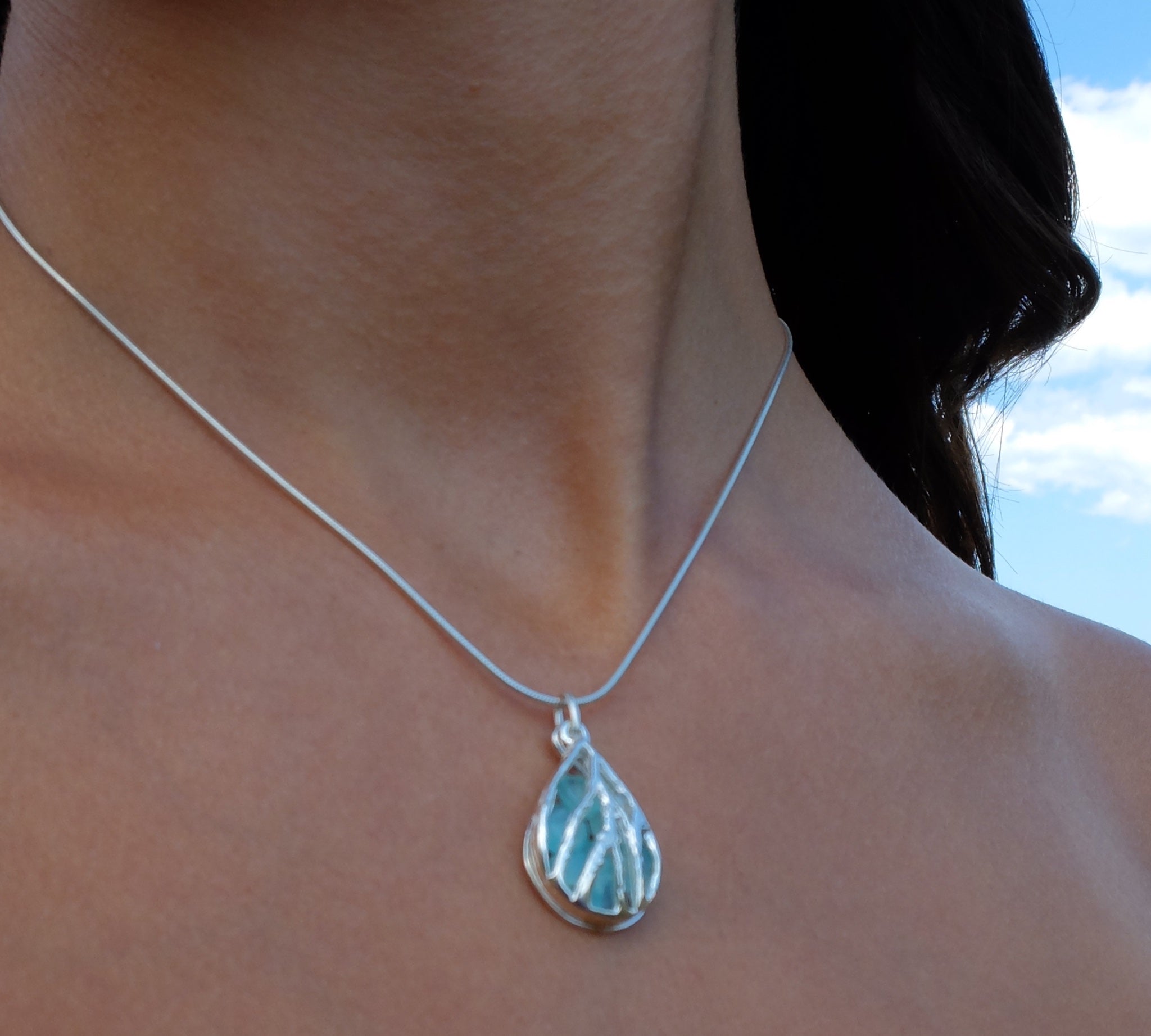 Coral Teardrop and Aqua Chalcedony Necklace