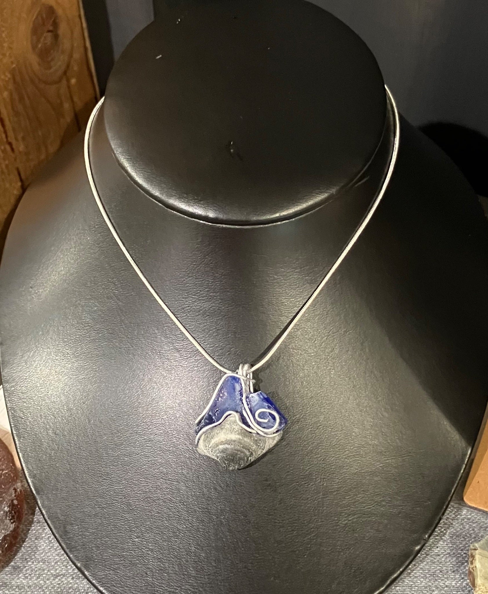 Sailing blue sea glass shell w/wire