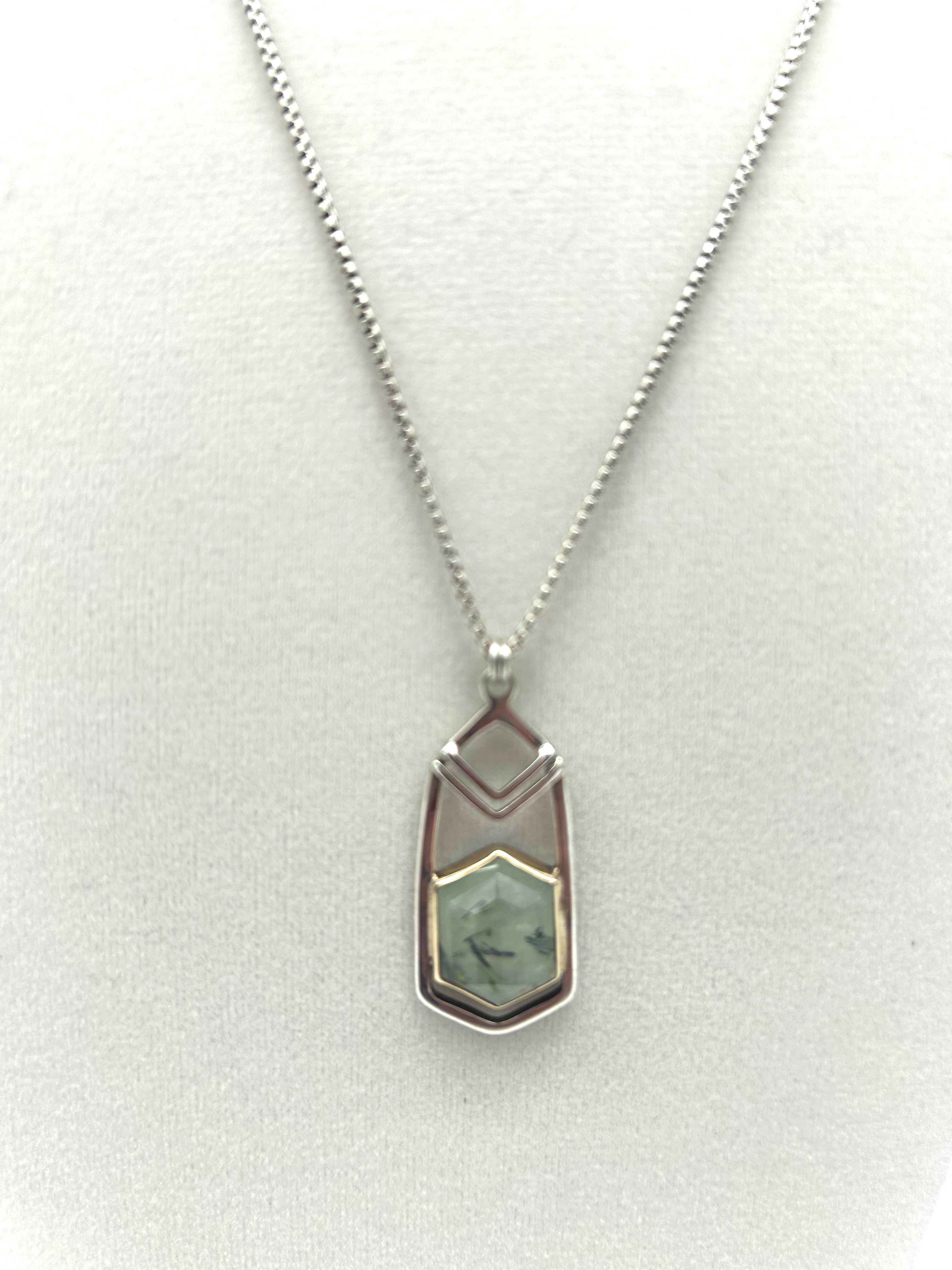Tourmalinated Hex Prehnite Chevron Pentant with 14K gold border on SS chain