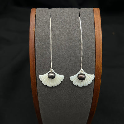 Peacock Pearl and Ginko Leaf Mother of Pearl Passthrough Earrings by Joe Foster