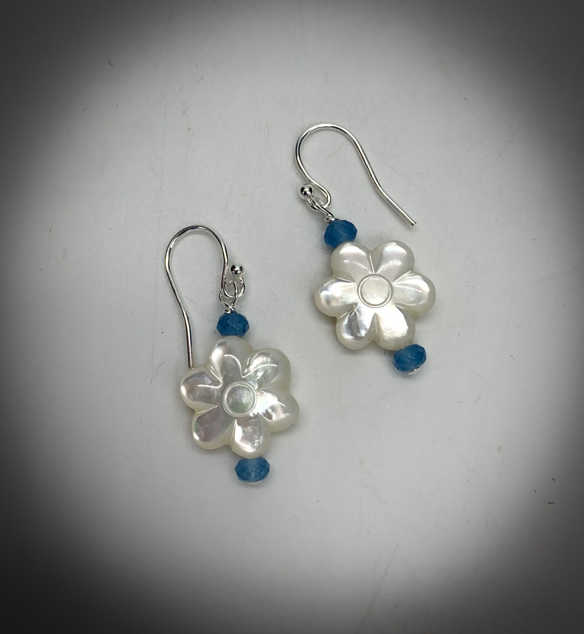 Large MOP Flowers w/Blue Chalcedony Earrings