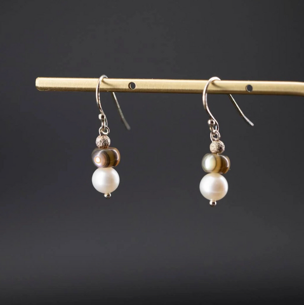 White Pearl and Abalone Bead Earrings by Joe Foster