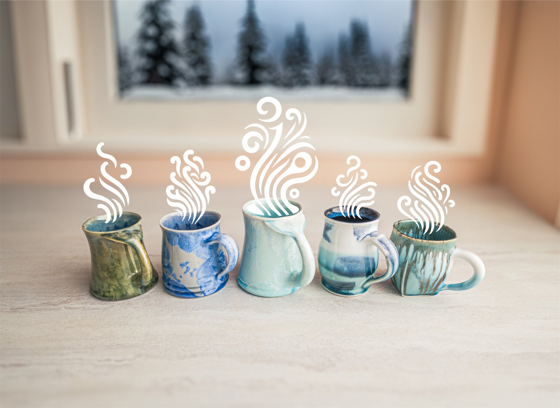 Our current pottery mugs in different glazes