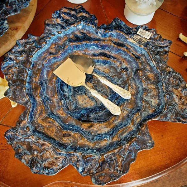 Oyster Rock Blue Marble Glass Plate