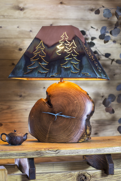 Washed Green Mesquite Lamp with Copper Tree Shade L2 - Lighting Edgecomb Potters